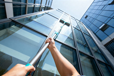 A person is cleaning the windows of a high-rise office building with a long-handled squeegee
