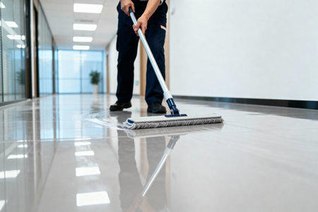 A person is mopping a clean floor in a modern office building, keeping the space tidyの写真素材