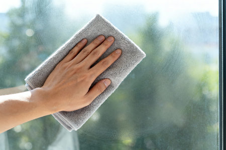 A person's hand wipes a window with a gray microfiber cloth, creating a clean surface