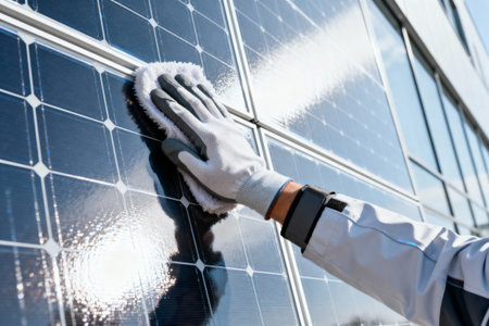 A worker is shown cleaning a solar panel, ensuring efficient energy generation and sustainable practicesの写真素材