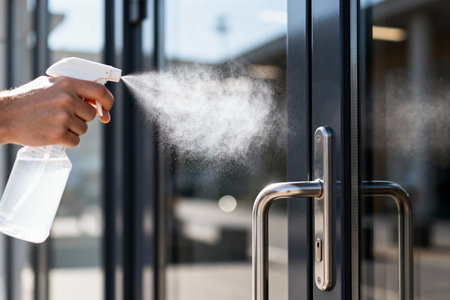 A person is spraying a door handle with disinfectant to prevent the spread of germs and virusesの写真素材