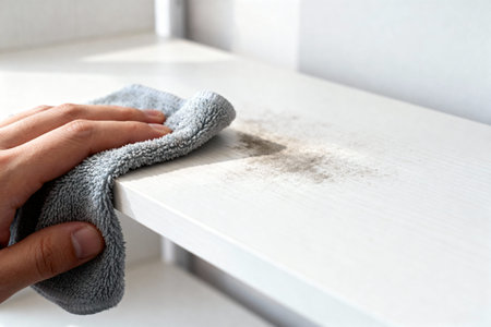 A hand wipes away dirt and grime from a shelf, revealing a clean surface