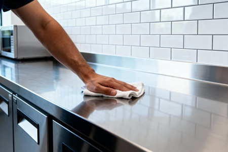 A person is cleaning a shiny stainless steel surface with a white cloth, keeping the area clean and sanitaryの写真素材