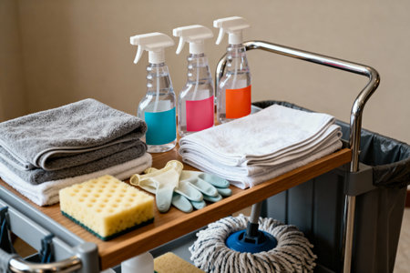 A housekeeping cart is stocked with cleaning supplies, towels, and a mop, ready for useの写真素材