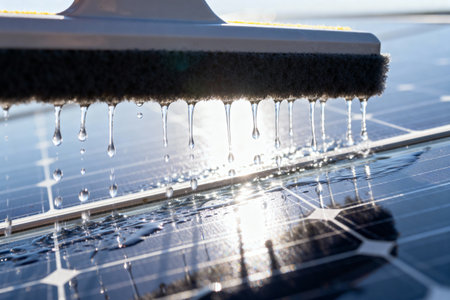 The close-up shot shows water droplets falling from the cleaning tool, highlighting the process of maintaining solar panel efficiencyの写真素材