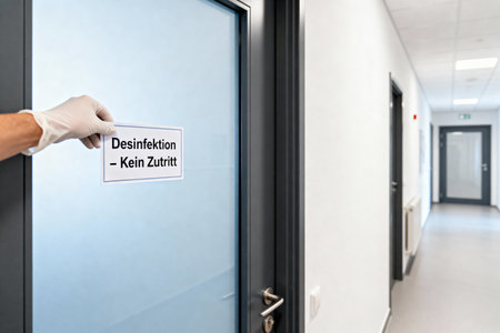 A gloved hand holds a sign on a glass door, indicating a disinfection area with restricted accessの写真素材