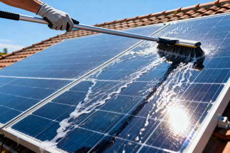 A person is shown washing solar panels on a sunny day, ensuring optimal energy productionの写真素材