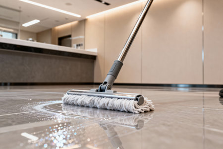 A close-up shot shows a mop cleaning a wet, reflective floor, highlighting cleanliness and hygieneの写真素材