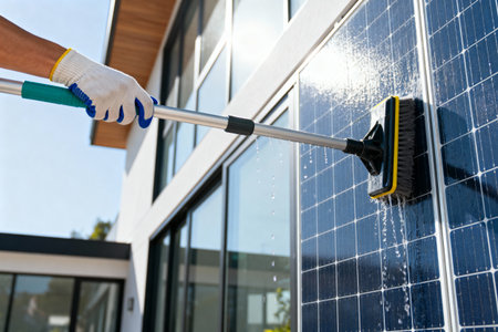 A person is shown cleaning a solar panel with a brush, ensuring efficient energy generationの写真素材