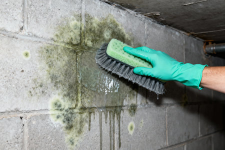 A gloved hand scrubs a mold-covered wall, highlighting the importance of mold remediation and preventionの写真素材