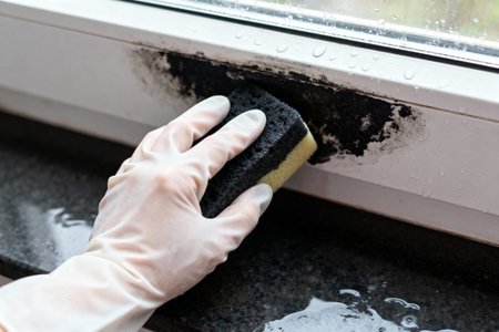 A gloved hand scrubs away mold and mildew from a window frame, highlighting the importance of home...