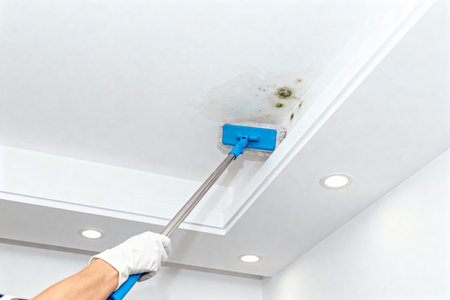 A person is cleaning mold from a ceiling with a blue mop, wearing a white gloveの写真素材