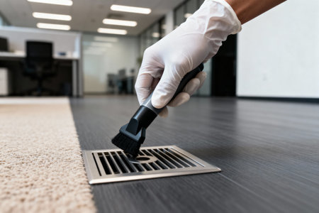 A gloved hand uses a brush to clean a floor vent in an office setting, promoting cleanlinessの写真素材