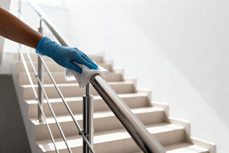 A gloved hand wipes down a handrail with a sanitizing cloth, promoting cleanliness and preventing the spread of germsの写真素材