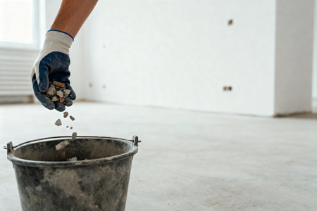 A worker's hand is shown dropping small pieces of rubble into a dirty bucket during a renovation projectの写真素材