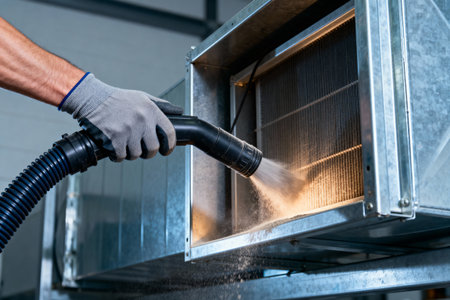 A worker is using a vacuum to clean an air filter, ensuring optimal air quality and system performanceの写真素材