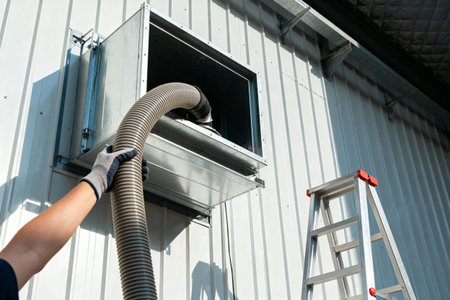 A worker connects a flexible duct to a metal air intake box on the side of a building