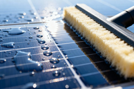 A close-up view shows the process of cleaning solar panels to remove dirt and debris, ensuring maximum efficiencyの写真素材
