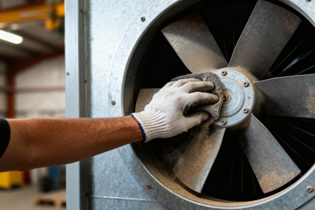 A gloved hand wipes down a dusty fan, highlighting the importance of maintenance and cleanlinessの写真素材