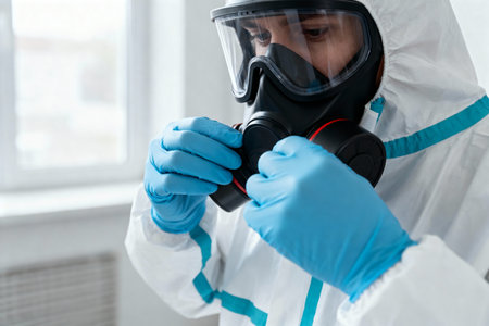 A person wearing a hazmat suit and respirator mask is preparing for a potentially hazardous environmentの写真素材