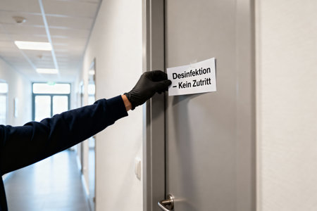 A person wearing a black glove posts a sign on a door, indicating a disinfection process is underwayの写真素材