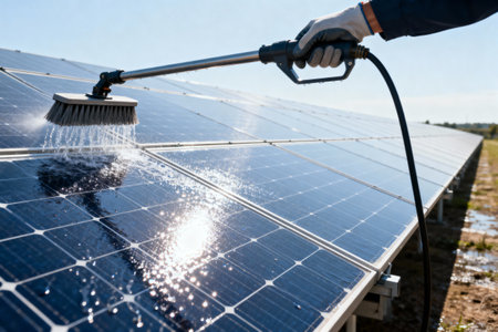 A worker is shown cleaning photovoltaic panels to ensure maximum efficiency and power generationの写真素材