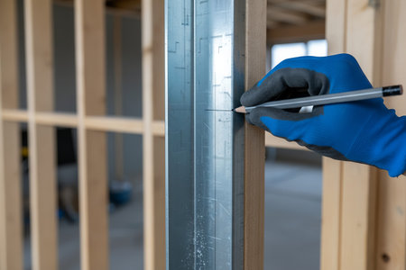 A construction worker is using a pencil to mark a metal stud, preparing for the installation of a...