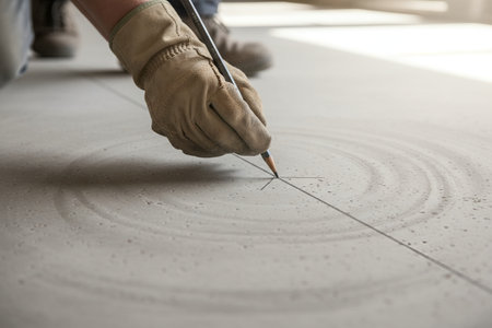 A gloved hand carefully draws a line on a concrete surface, preparing for a construction projectの写真素材