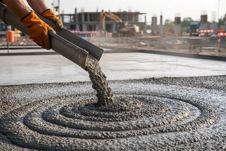 A construction worker pours wet concrete from a chute onto a prepared surface, creating a circular patternの写真素材