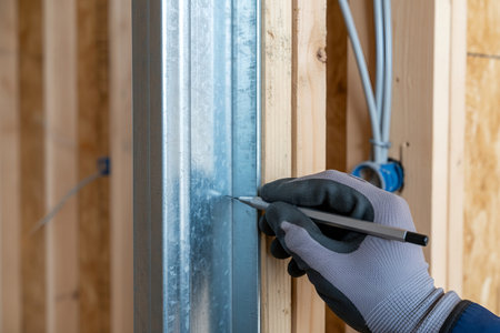A construction worker uses a pencil to mark a metal stud during the framing process, ensuring accuracyの写真素材