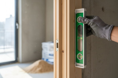 A gloved hand holds a level against a wooden door frame during construction, ensuring precise...