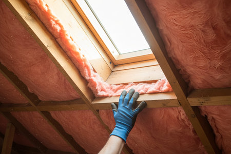 A gloved hand works on installing insulation around a skylight in an attic spaceの写真素材