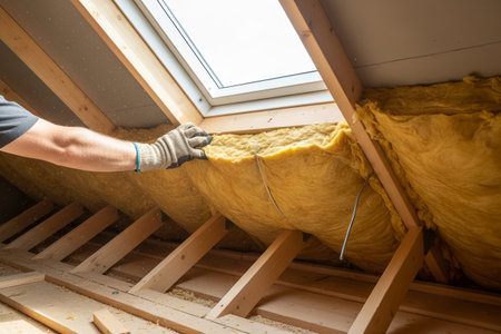 A worker installs insulation in an attic, improving energy efficiency and reducing heating costsの写真素材