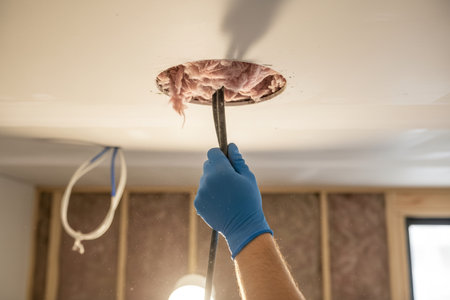 A person is using a tool to cut a hole in the ceiling for a new light fixture installationの写真素材