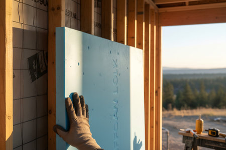 A construction worker installs foam insulation on a new home build, providing thermal protectionの写真素材