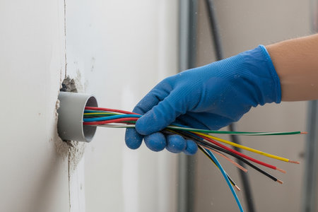 An electrician wearing blue gloves is working with electrical wires during a construction projectの写真素材