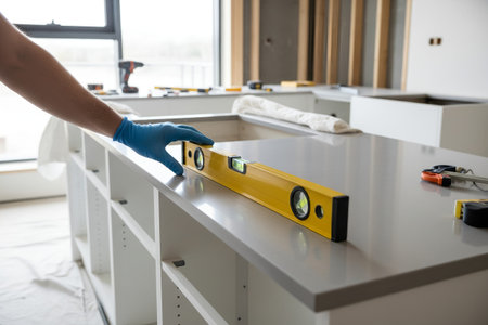 A construction worker uses a level to ensure a countertop is perfectly aligned during a kitchen...