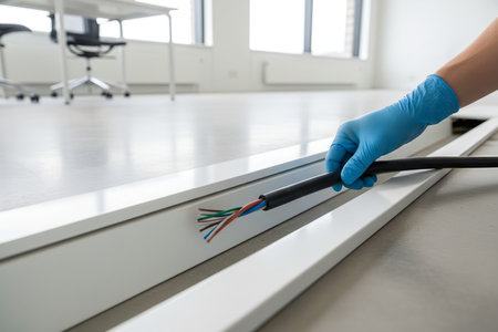 A gloved hand carefully works with a network cable in a new office environment