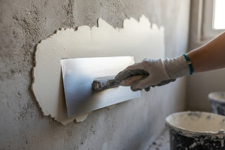 A gloved hand uses a trowel to plaster smooth onto a wall, showcasing the process of home improvementの写真素材
