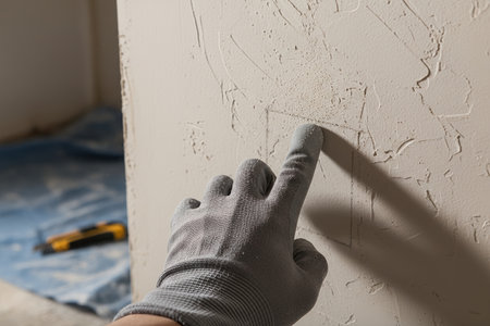 A gloved hand indicates a drawn outline on a textured wall, possibly for construction or renovation workの写真素材