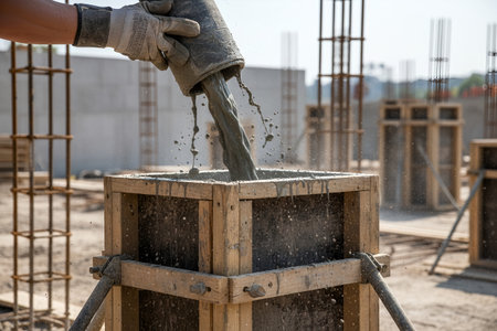 A worker pours wet concrete into a wooden form, a crucial step in building a solid foundationの写真素材