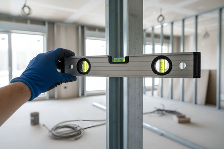 A construction worker uses a level to ensure a metal stud is perfectly vertical during the framing...