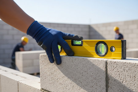 A construction worker uses a level to ensure the concrete blocks are perfectly aligned during...