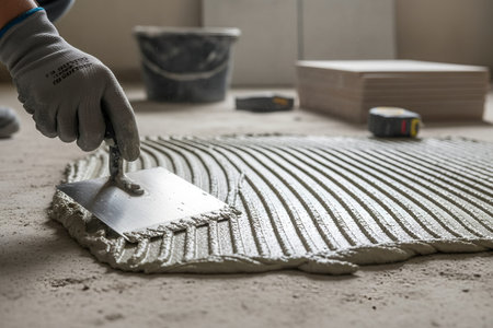 A gloved hand uses a trowel to spread mortar evenly across a surface, preparing for tiling work
