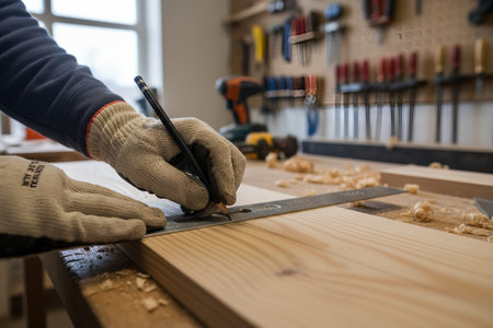 A carpenter carefully measures and marks a piece of wood in a workshop, preparing it for precise...