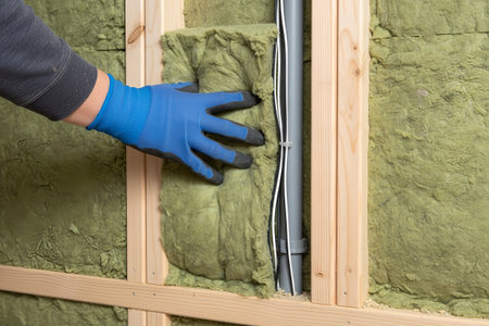 A worker installs fiberglass insulation between wooden studs, improving thermal and acoustic performanceの写真素材