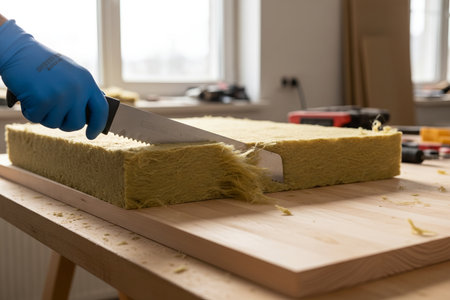 A gloved hand uses a large knife to cut through a block of mineral wool insulation, preparing it for installationの写真素材
