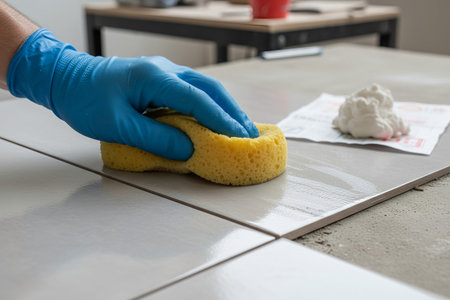 A person wearing a blue glove cleans a tile with a yellow sponge, preparing it for use