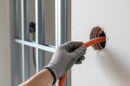 An electrician is shown pulling orange electrical cable through a hole in a wall during a renovation projectの写真素材