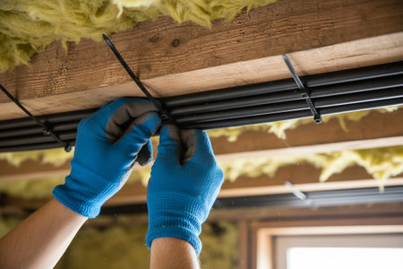 An electrician is shown wearing blue gloves while working on electrical wiring in a buildingの写真素材
